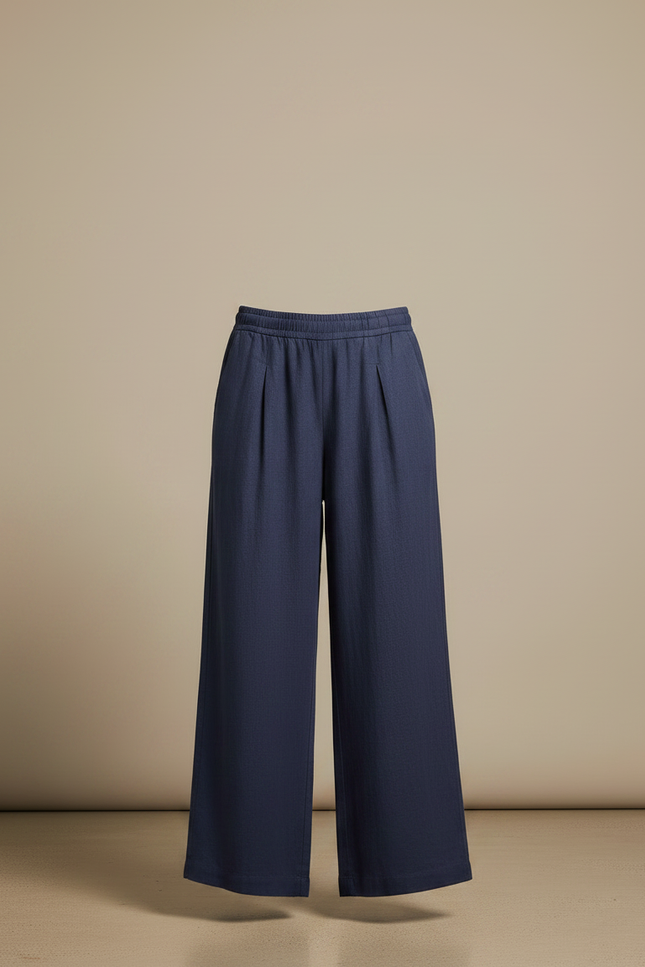 Pantalon Fluide Ample Lin Coton Bleu Marine Cordon - vue 3