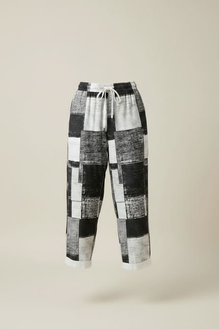 Pantalon Fluide Imprimé Géométrique Noir Blanc Ample Décontracté - Viscose - vue 3