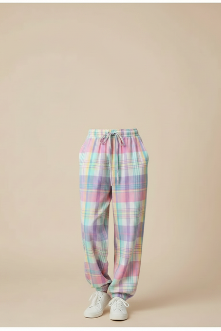 Pantalon Fluide Carreaux Pastel Ample Cordon Confortable - Multicolore Molleton - vue 3