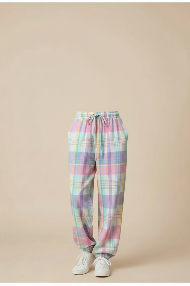 Pantalon Fluide Carreaux Pastel Ample Cordon Confortable - Multicolore Molleton - vue 3