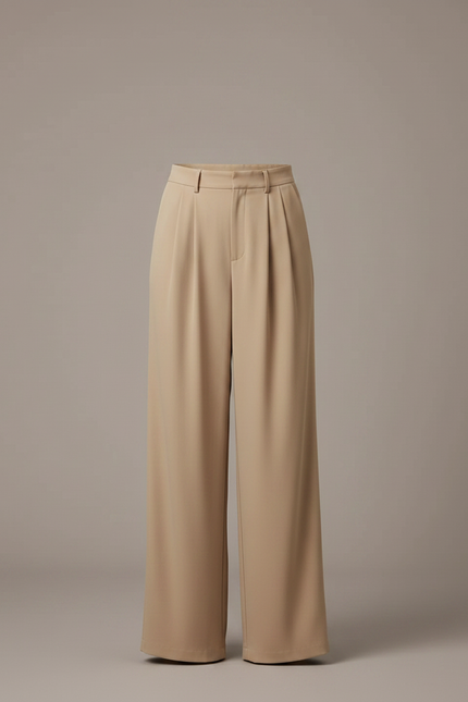 Pantalon Fluide Beige Large Taille Haute Plissé - Polyester - vue 3