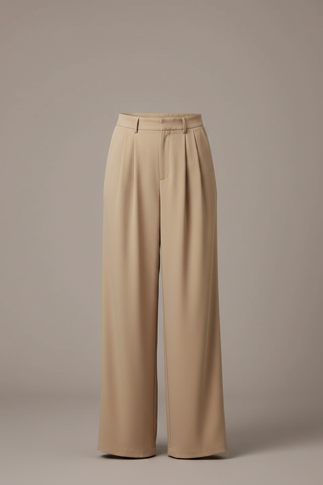 Pantalon Fluide Beige Large Taille Haute Plissé - Polyester - vue 3