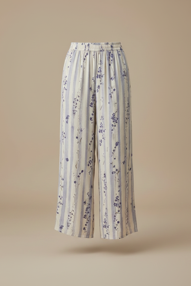 Pantalon Fluide Rayé Floral Ample Léger Estival - Imprimé Viscose - vue 3
