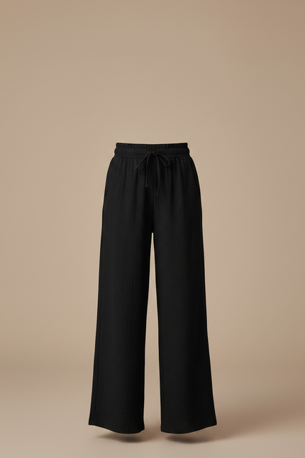 Pantalon Fluide Noir Ample Texturé Fille Décontracté - Viscose - vue 3