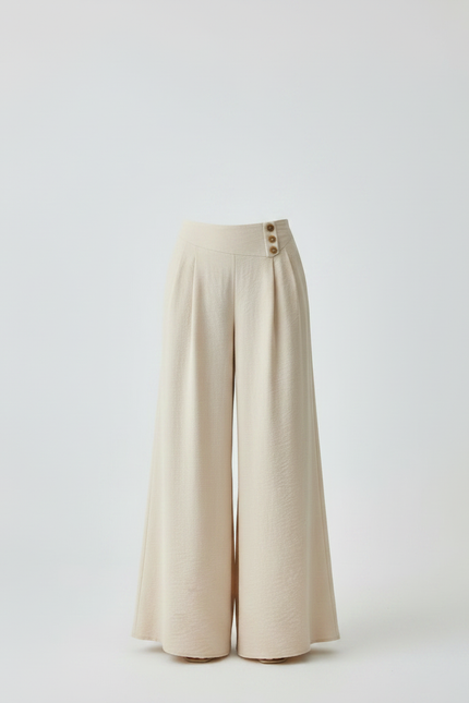 Pantalon Fluide Écru Ample Plissé Boutons Décontracté - Beige Lin - vue 3