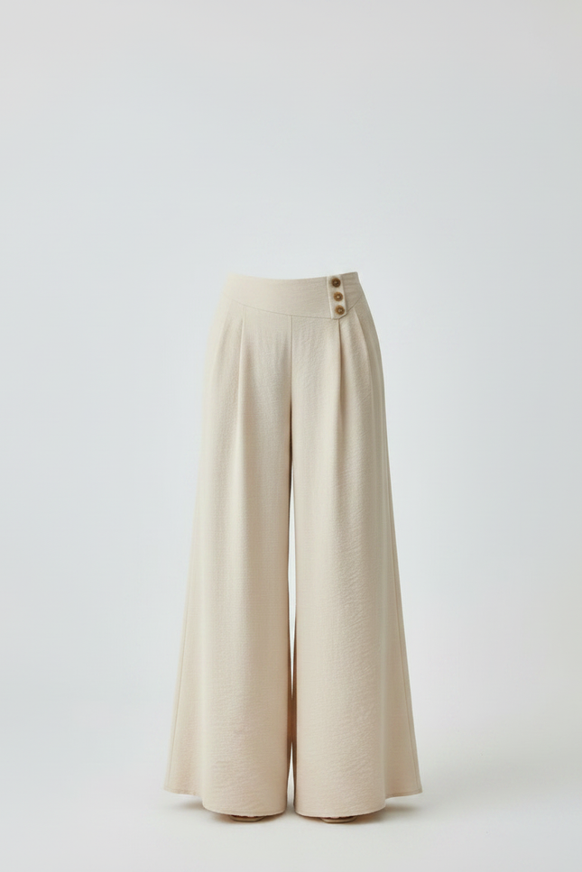 Pantalon Fluide Écru Ample Plissé Boutons Décontracté - Beige Lin - vue 3