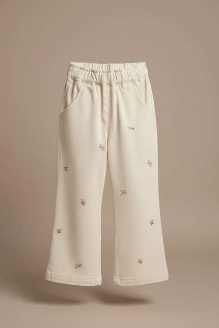 Pantalon Fluide Écru Broderies Florales Ample Enfant - Beige Toile - vue 3