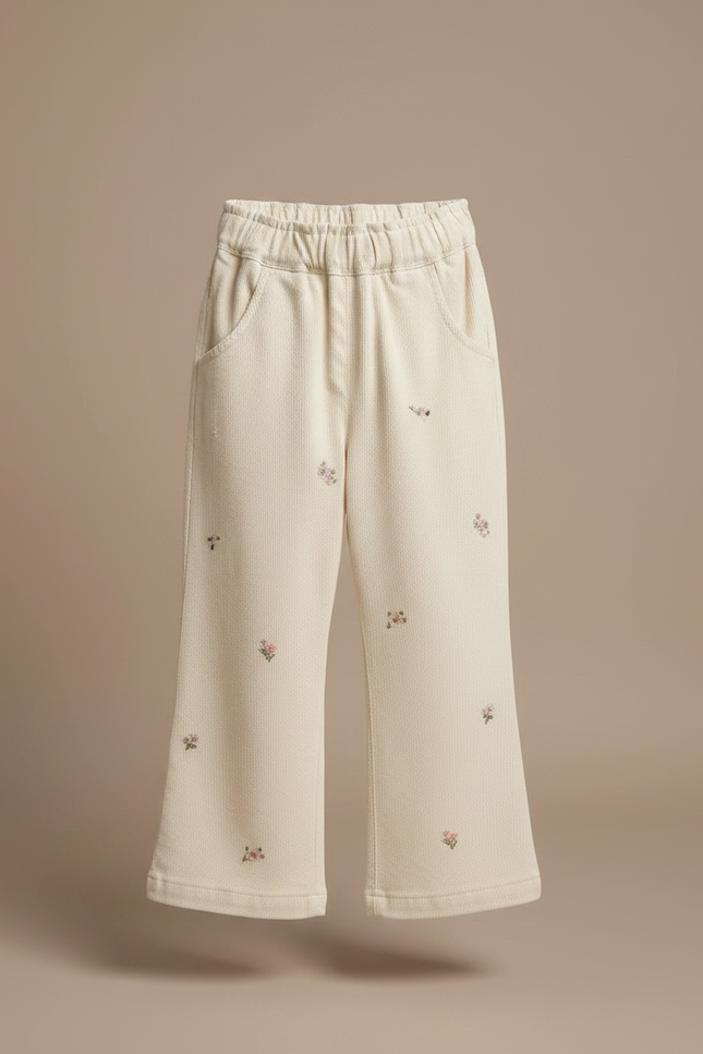 Pantalon Fluide Écru Broderies Florales Ample Enfant - Beige Toile - vue 3