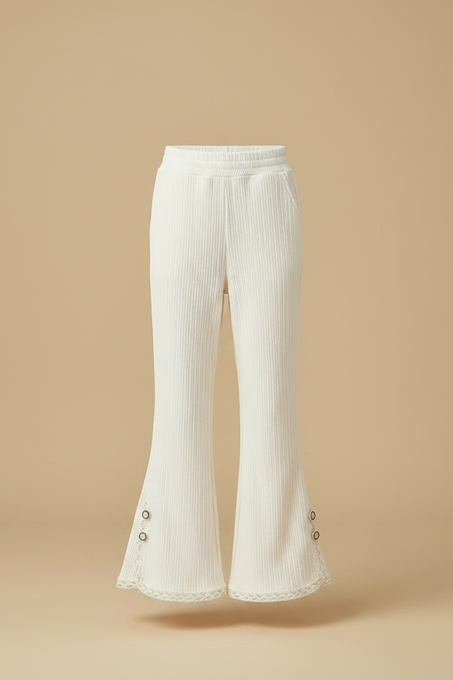 Pantalon Fluide Écru Côtelé Évasé Dentelle Enfant - Beige Cordé - vue 3