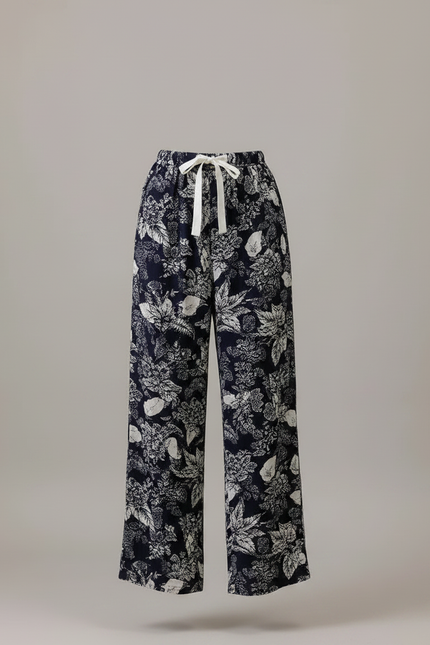 Pantalon Fluide Imprimé Floral Bleu Marine Ample Cordon - Viscose - vue 3