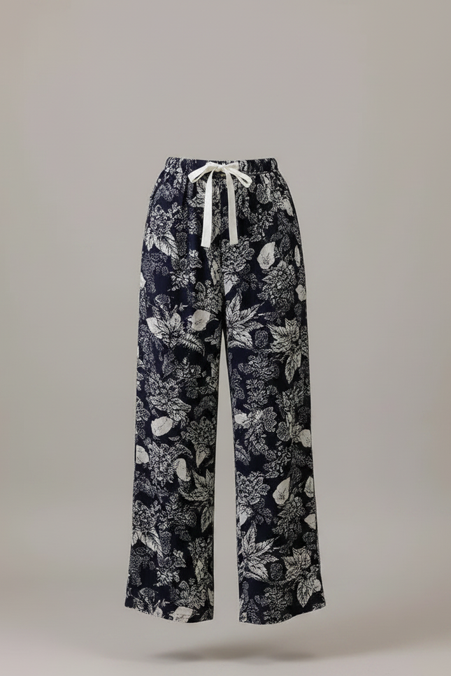 Pantalon Fluide Imprimé Floral Bleu Marine Ample Cordon - Viscose - vue 3