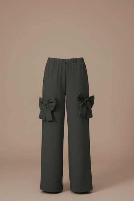 Pantalon Fluide Vert Ample Nœuds Décoratifs Fille - Kaki Polyester - vue 3