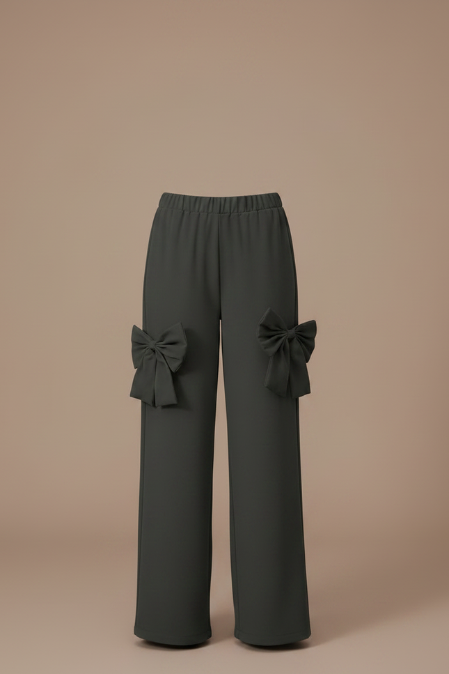 Pantalon Fluide Vert Ample Nœuds Décoratifs Fille - Kaki Polyester - vue 3