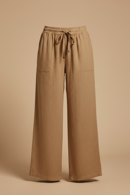 Pantalon Fluide Lin Marron Ample Taille Élastique Décontracté - vue 3