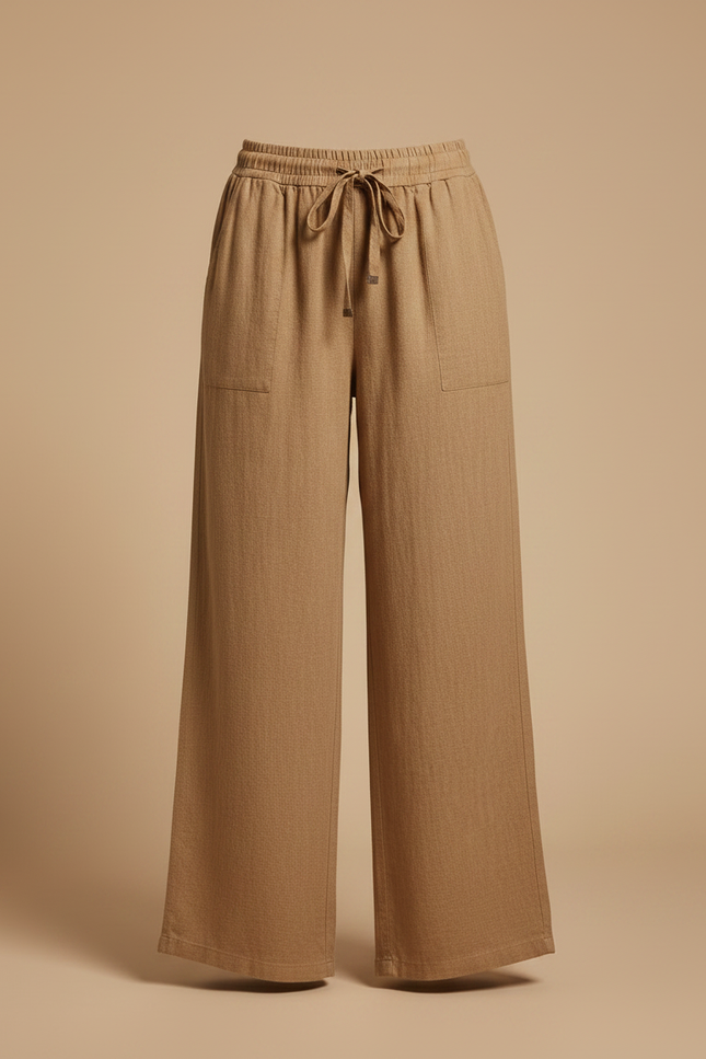 Pantalon Fluide Lin Marron Ample Taille Élastique Décontracté - vue 3