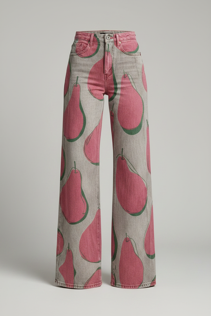 Pantalon Fluide Imprimé Poires Taille Haute Large - Jean - vue 3