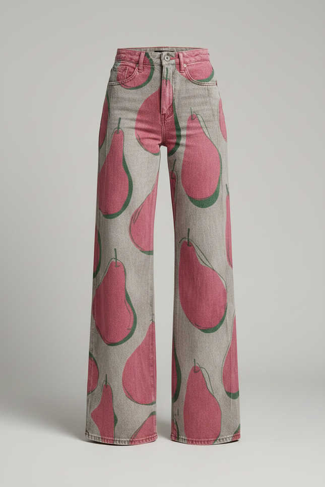 Pantalon Fluide Imprimé Poires Taille Haute Large - Jean - vue 3