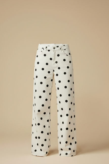 Pantalon Fluide Blanc Ample Pois Noir Femme - Jean - vue 3