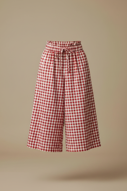 Pantalon Fluide Carreaux Vichy Rouge Ample Taille Froncée - Coton - vue 3