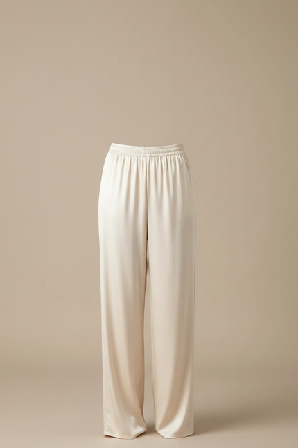 Pantalon Fluide Satiné Crème Ample Élégant Femme - Beige - vue 3