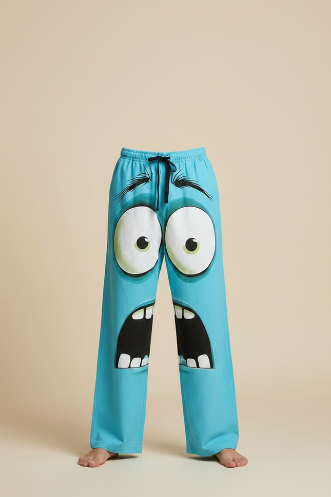 Pantalon Fluide Bleu Ample Imprimé Monstre Rigolo Enfant - Viscose - vue 3