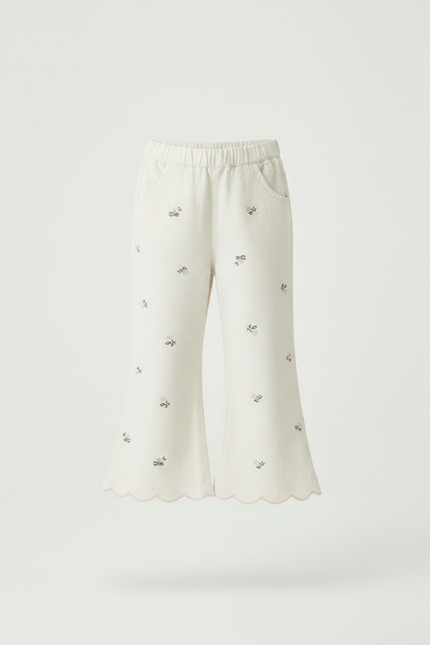 Pantalon Fluide Écru Brodé Floral Scallop Enfant - Beige Coton - vue 3