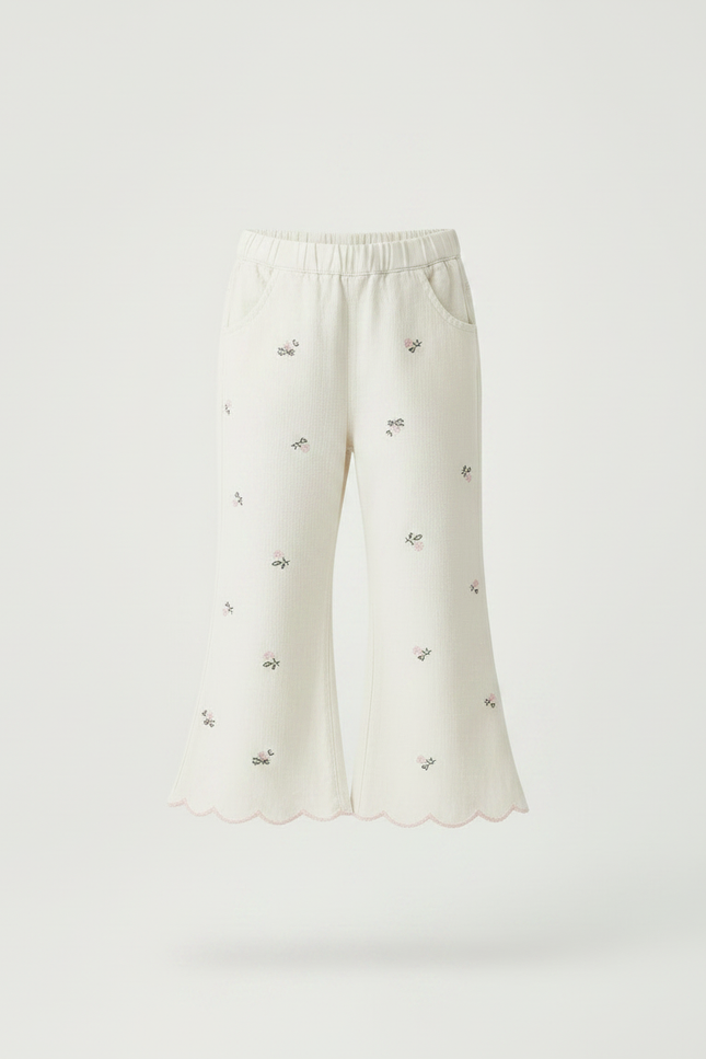 Pantalon Fluide Écru Brodé Floral Scallop Enfant - Beige Coton - vue 3