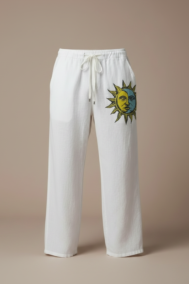 Pantalon Fluide Blanc Ample Lin Imprimé Soleil Cordon - vue 3