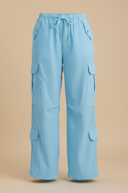Pantalon Fluide Bleu Ciel Cargo Ample Confortable Femme - Polyester - vue 3