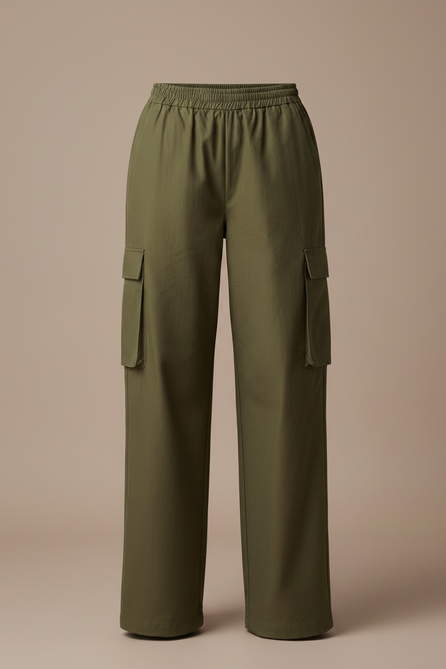 Pantalon Fluide Kaki Ample Taille Haute Cargo - Toile - vue 3