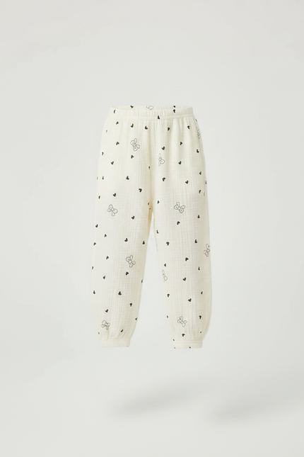 Pantalon Fluide Écru Coton Imprimé Cœurs Papillons - Beige - vue 3