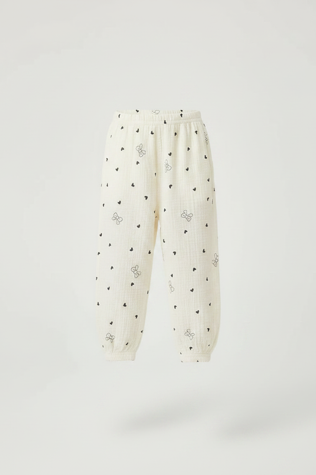 Pantalon Fluide Écru Coton Imprimé Cœurs Papillons - Beige - vue 3