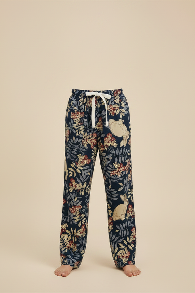 Pantalon Fluide Bleu Marine Imprimé Lapins Floral - Viscose - vue 3