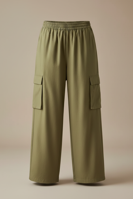 Pantalon Fluide Kaki Ample Cargo Taille Haute - Polyester - vue 3
