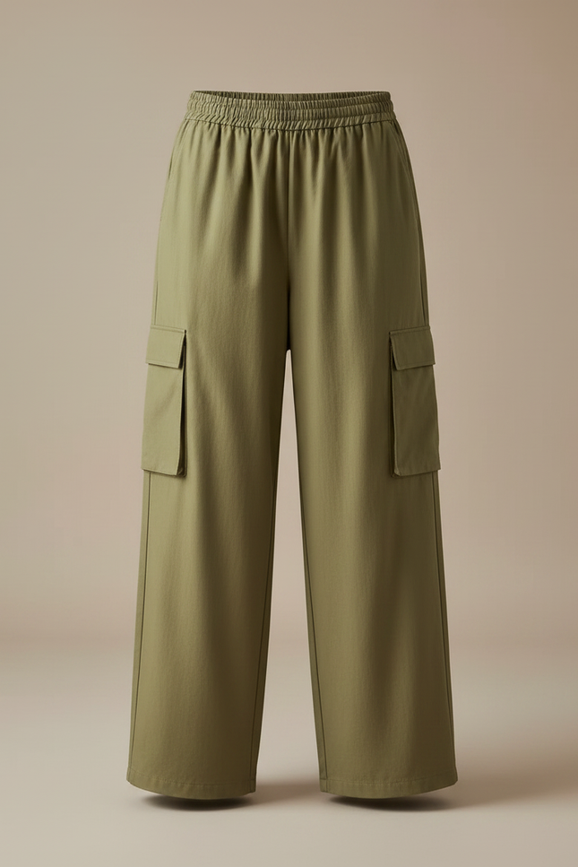Pantalon Fluide Kaki Ample Cargo Taille Haute - Polyester - vue 3