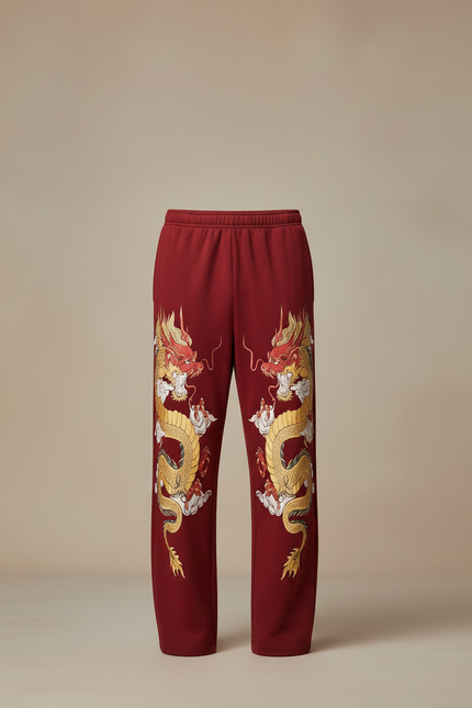 Pantalon Fluide Rouge Dragon Chinois Ample Homme - Bordeaux Molleton - vue 3