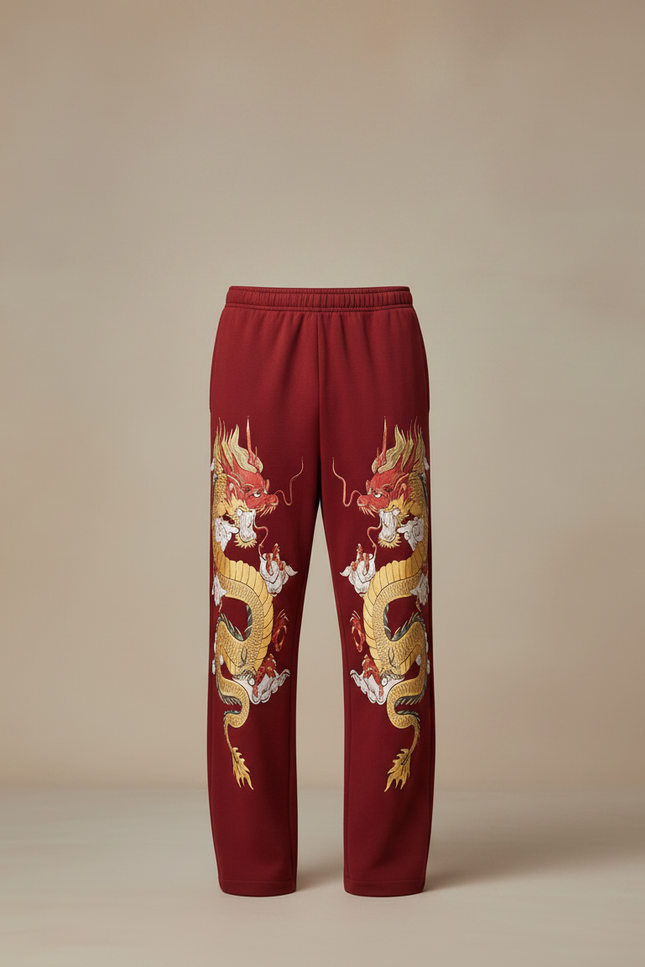 Pantalon Fluide Rouge Dragon Chinois Ample Homme - Bordeaux Molleton - vue 3