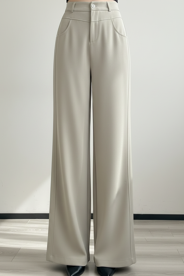 Pantalon Fluide Beige Large Taille Haute Décontracté Élégant - Polyester - vue 3