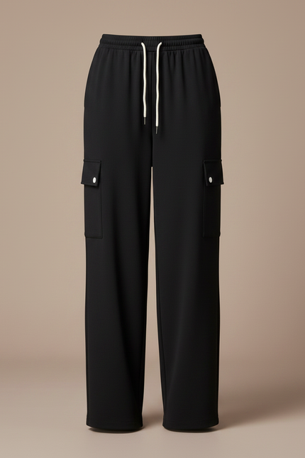 Pantalon Fluide Noir Cargo Ample Cordon Femme - Polyester - vue 3