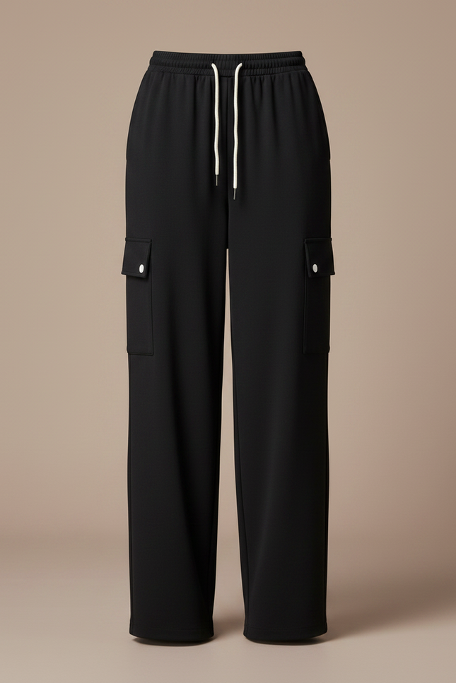 Pantalon Fluide Noir Cargo Ample Cordon Femme - Polyester - vue 3