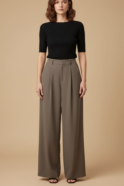 Pantalon Fluide Taupe - Kaki Polyester - vue 3