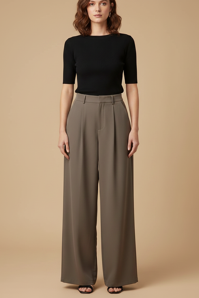 Pantalon Fluide Taupe - Kaki Polyester - vue 3