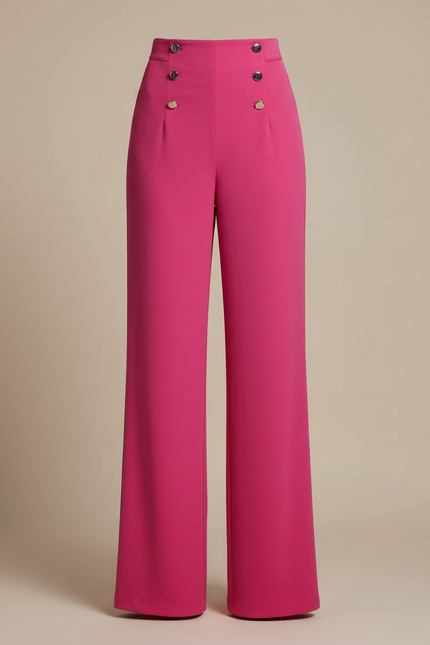 Pantalon Fluide Rose Boutons Dorés Taille Haute Élégant - Polyester - vue 3