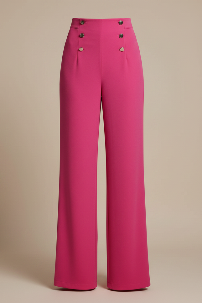 Pantalon Fluide Rose Boutons Dorés Taille Haute Élégant - Polyester - vue 3