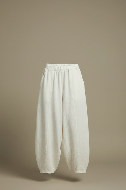 Pantalon Fluide Blanc Ample Taille Élastique Coton Lin - vue 3