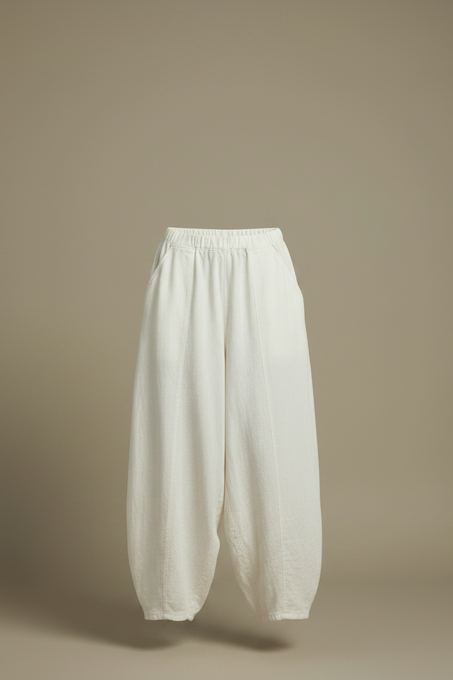 Pantalon Fluide Blanc Ample Taille Élastique Coton Lin - vue 3