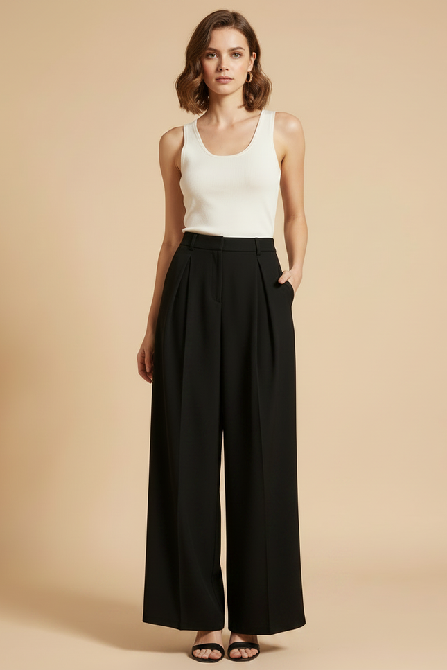 Pantalon Fluide Noir Ample Plissé Chic Élégant - Viscose - vue 3