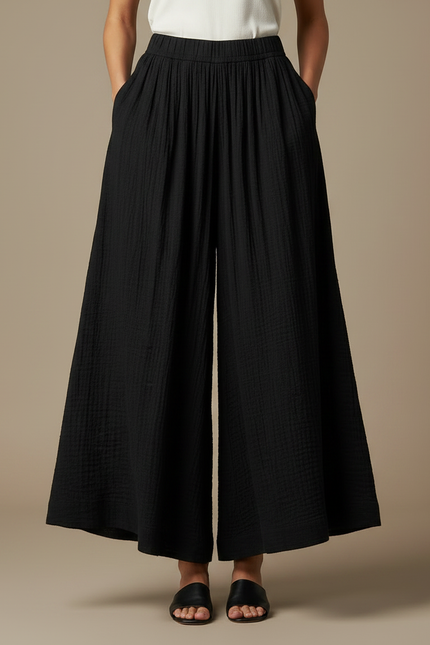 Pantalon Fluide Noir Ample Plissé Coton Décontracté - vue 3