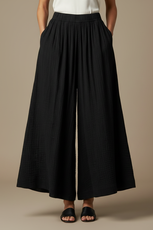 Pantalon Fluide Noir Ample Plissé Coton Décontracté - vue 3