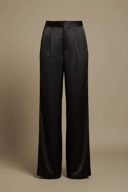 Pantalon Fluide Noir Satiné Taille Haute Élégant - vue 3